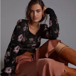 Anthropologie Square Neck Sweater in Black Floral